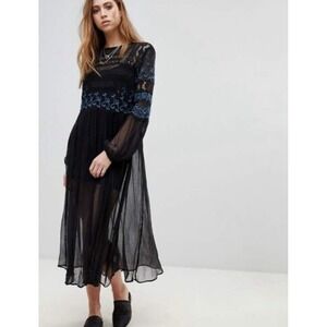 Free People Long Tunic Size L Black Sweet Sunny Days Gauze Embroidered Sheer